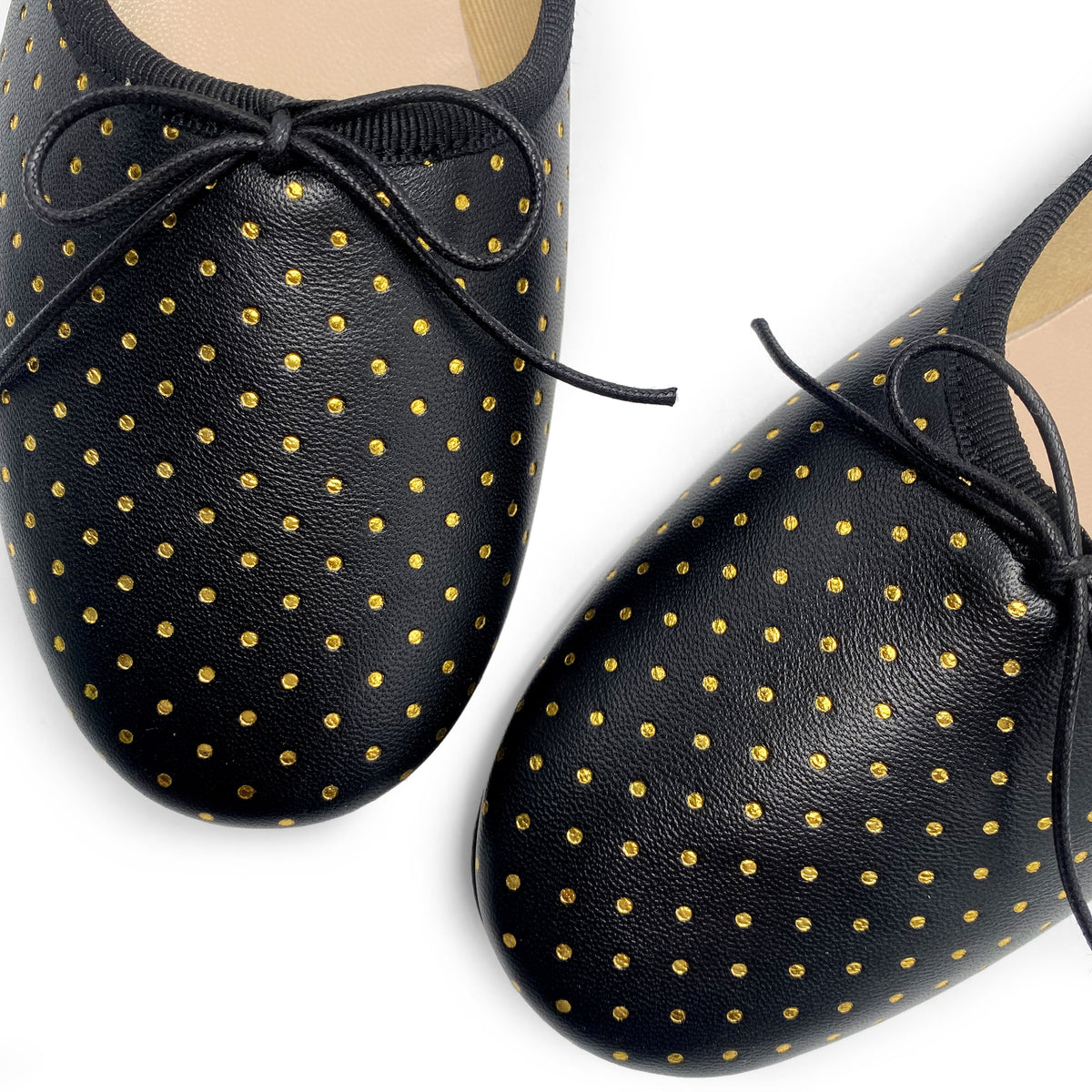 Ballerine accollate nere in pelle con micro pois oro