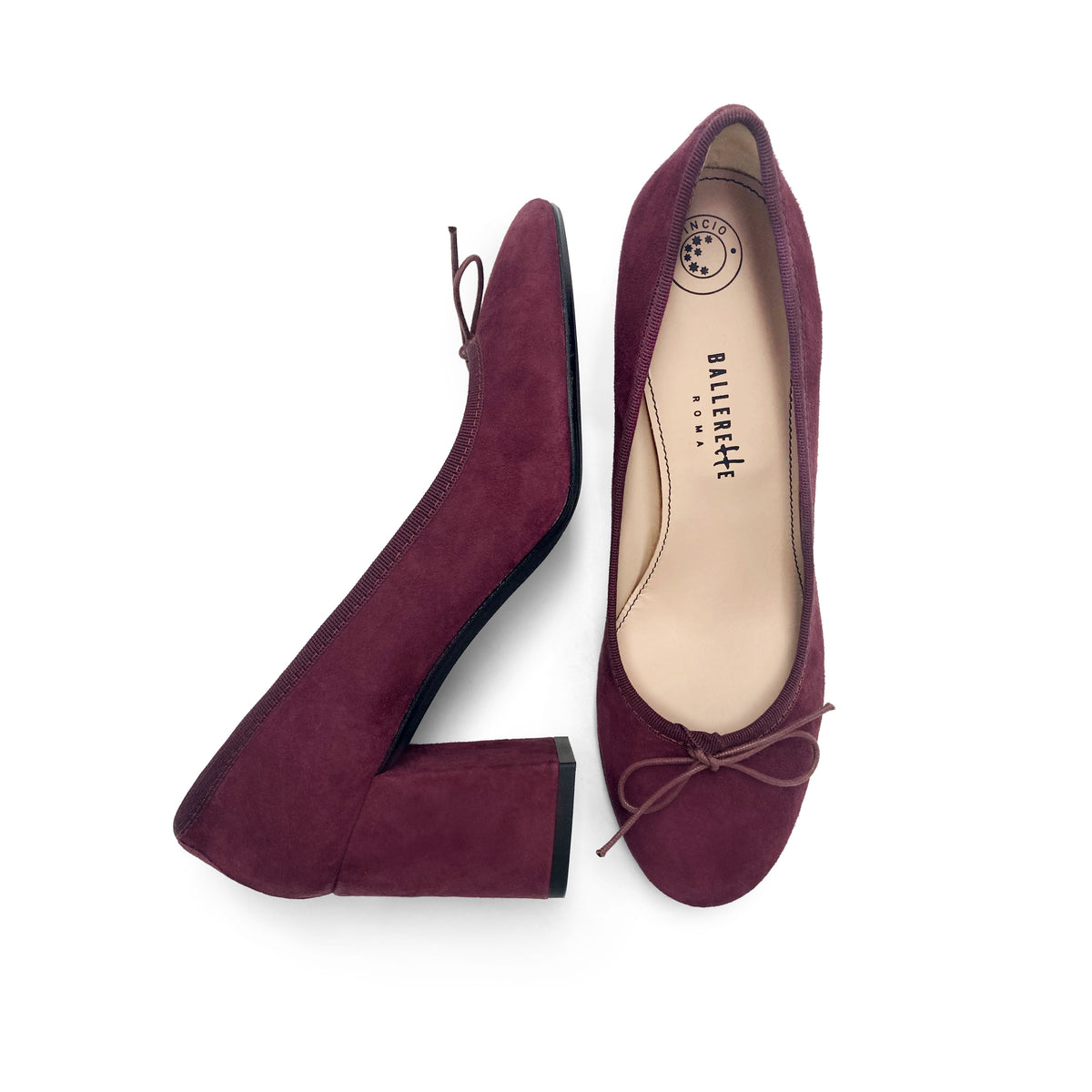 Ballerine décolleté in camoscio bordeaux con tacco alto