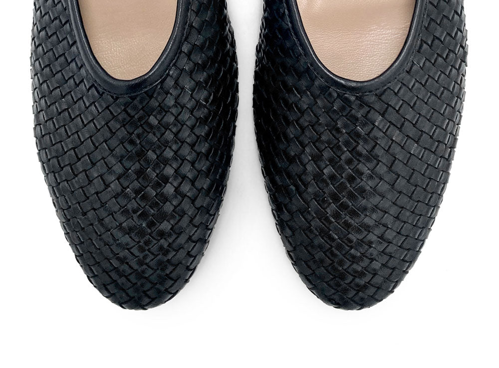 Black high cut handwoven leather ballet flats with strap