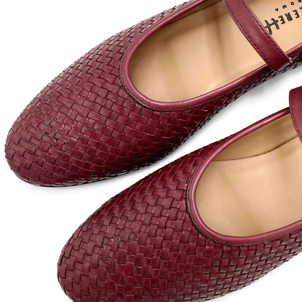 Burgundy high cut handwoven leather ballet flats with strap