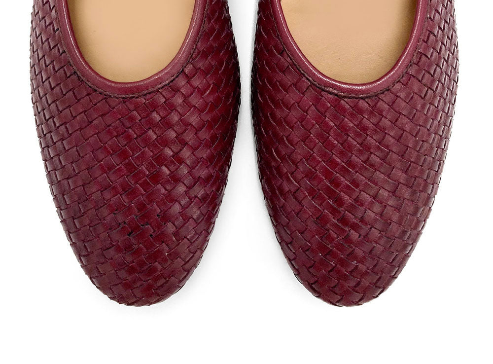 Burgundy high cut handwoven leather ballet flats with strap