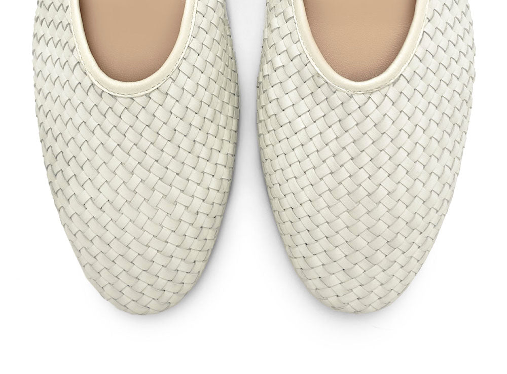 White high cut handwoven leather ballet flats with strap