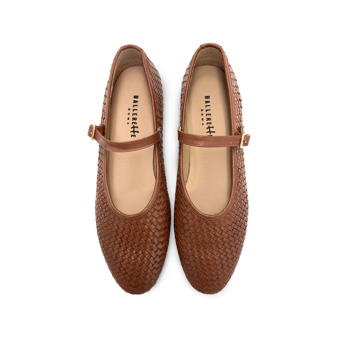 Ballerine Mary Jane marroni accollate in pelle intrecciata a mano e cinturino