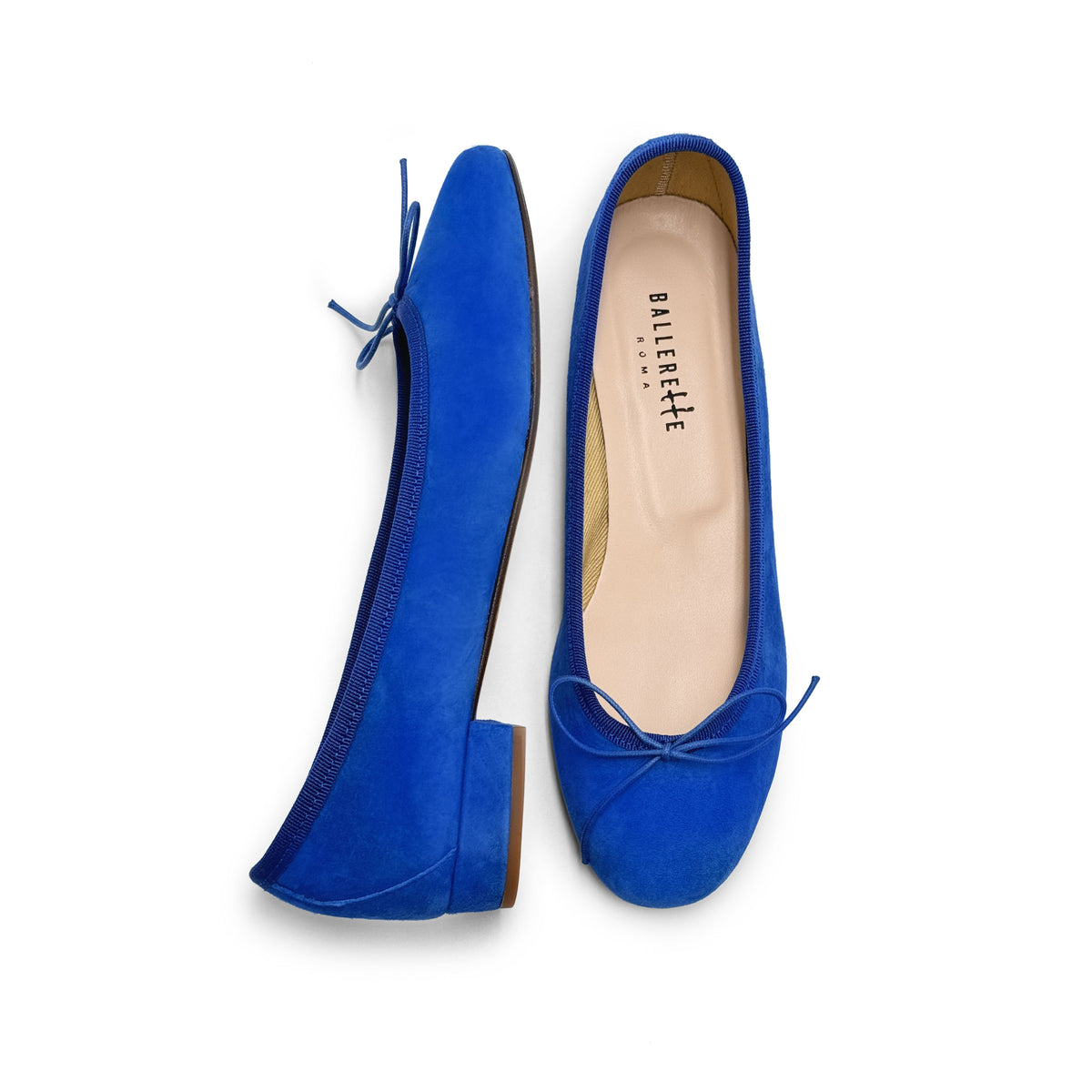 Ballerine con tacco blu elettrico in camoscio