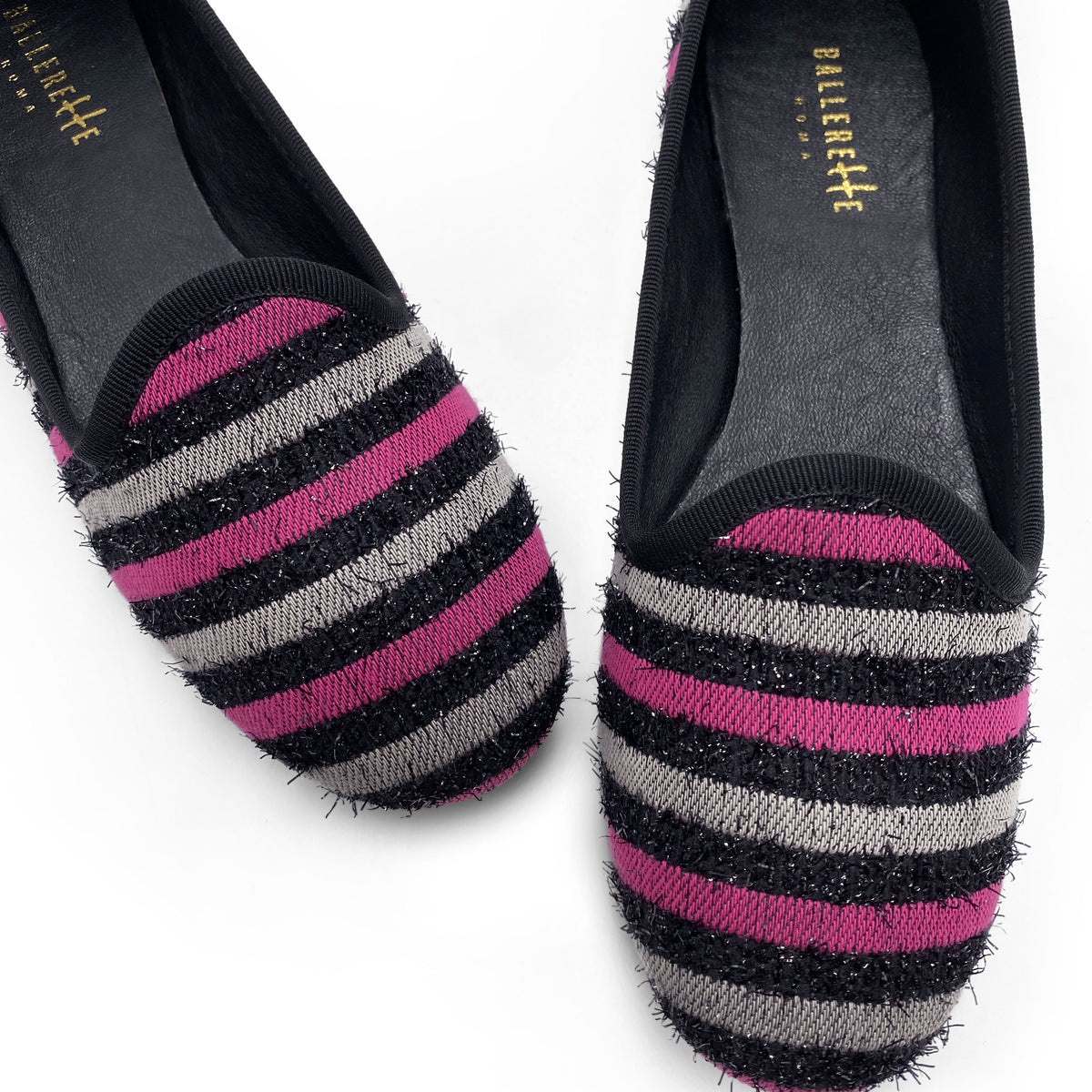 Pink und grau gestreifte Damen Slippers aus Stoff
