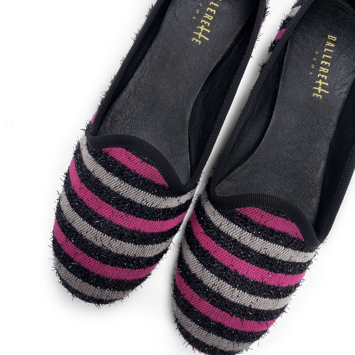 Pink und grau gestreifte Damen Slippers aus Stoff