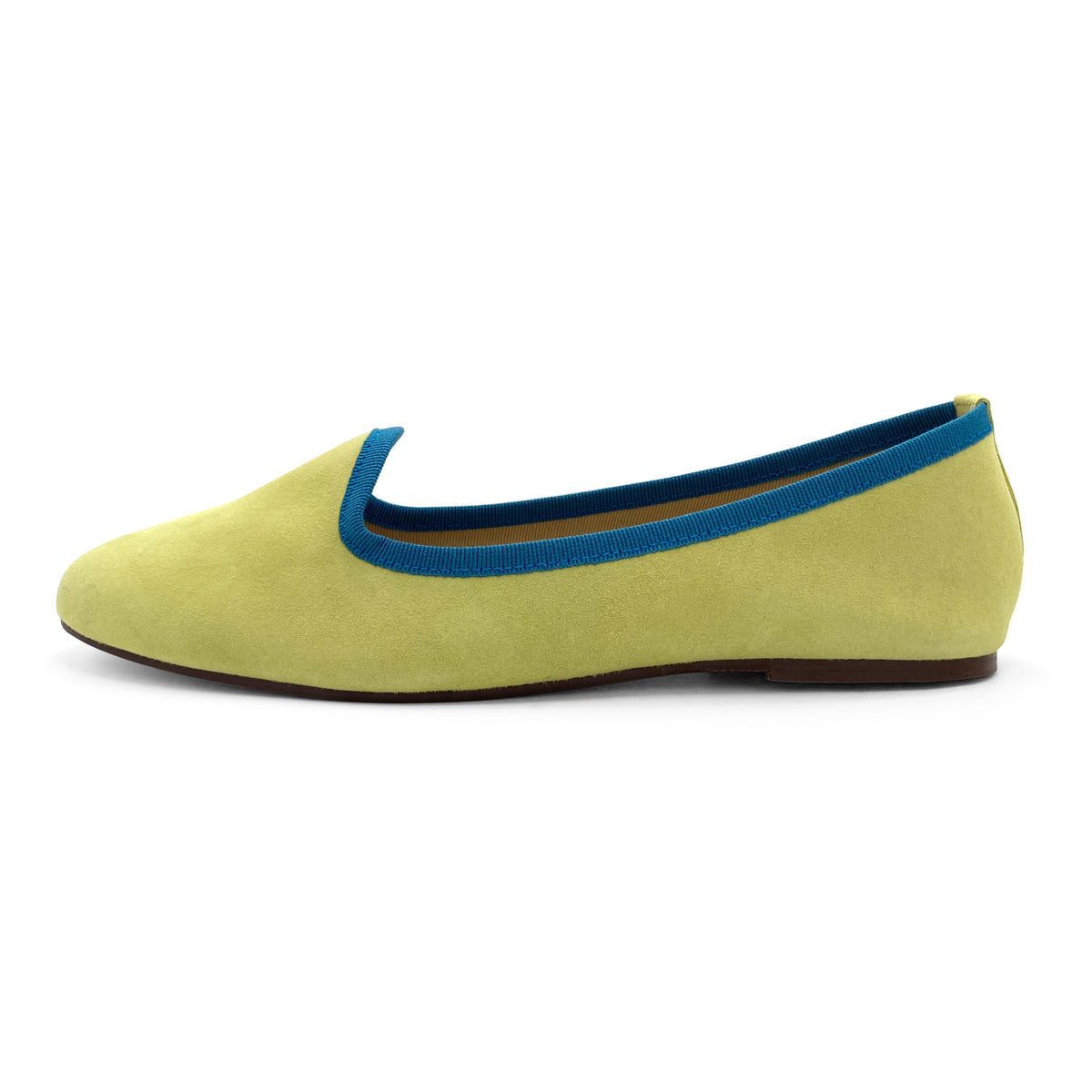 Damen-Loafers aus Wildleder in Limegrün mit Petrolblauen Details