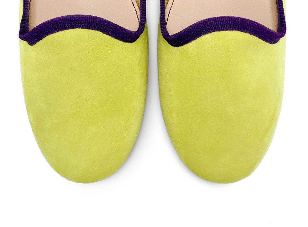 Slippers donna in camoscio lime e dettagli viola
