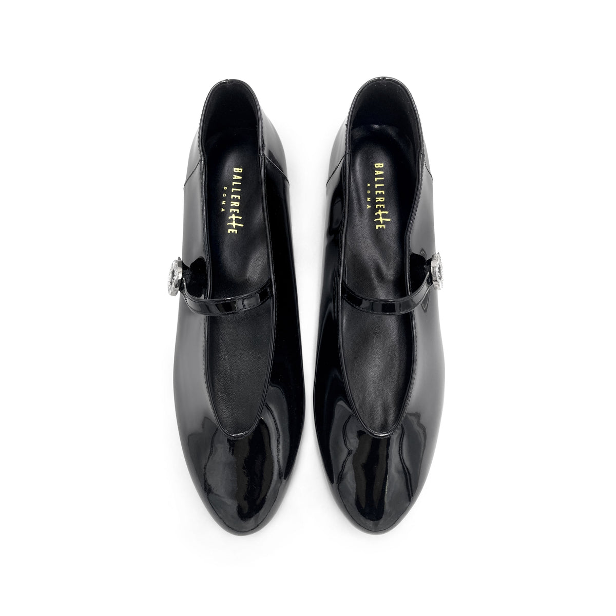 Ballerine Mary Jane nere in vernice con scollo a V e cinturino gioiello