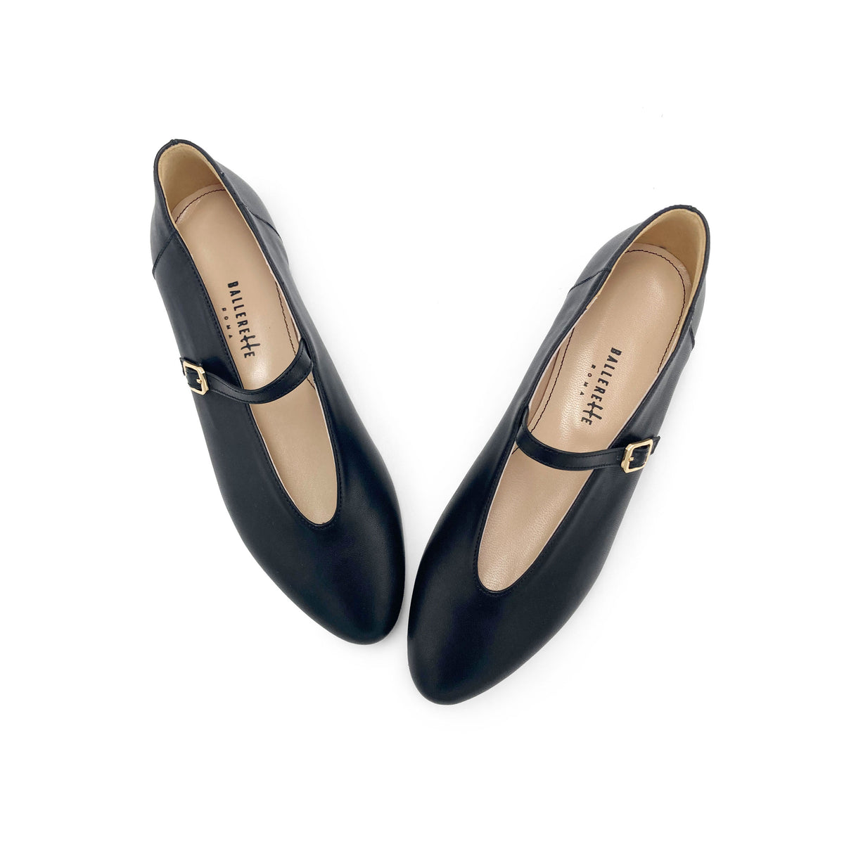 Ballerine nere in pelle con scollo a V e cinturino
