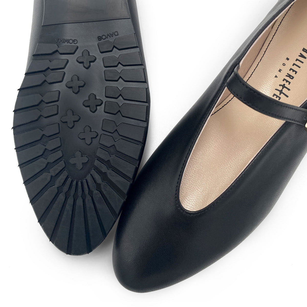 Schwarze Ballerinas aus Leder mit V-Ausschnitt und Riemchen